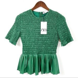 Zara Green Shirring Short Sleeve Top